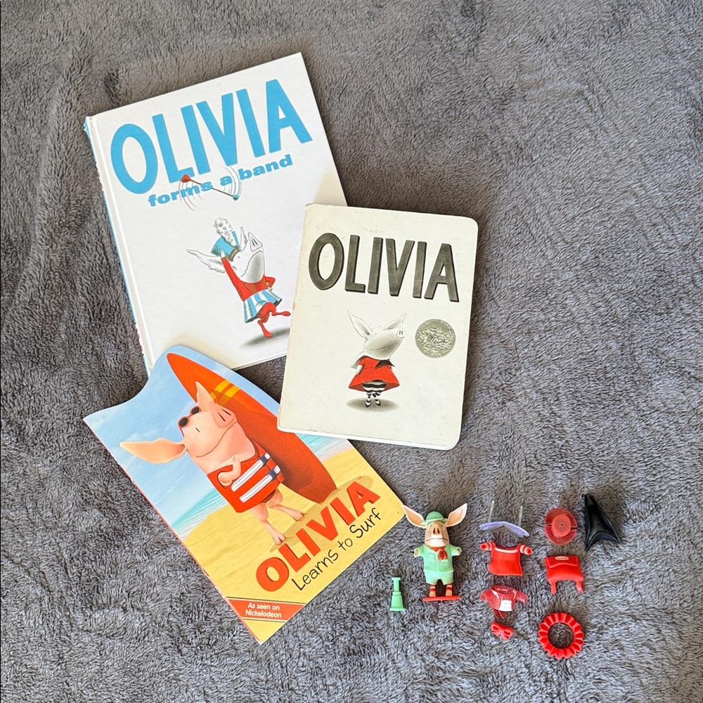 Olivia Pig Ian Falconer 3 Book Bundle and Figure Toy / Accessories Nickelodeon